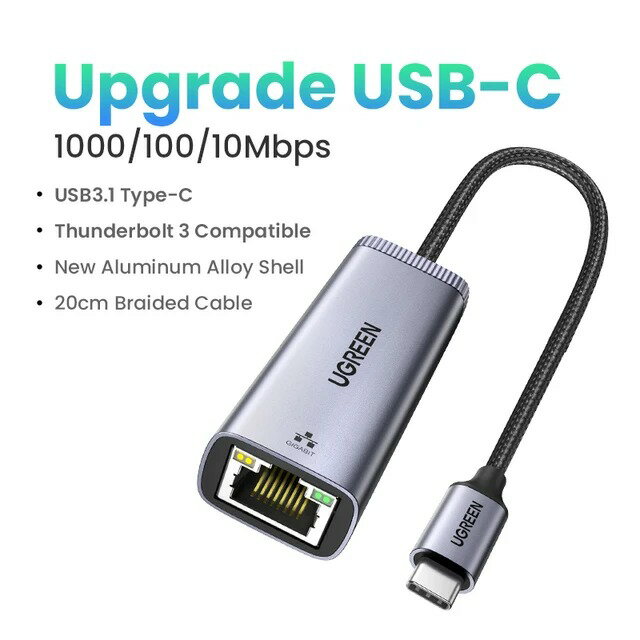 【日本代購】UGREEN USB C 乙太網路轉接器 1000/100Mbps USB Lan RJ45 Thunderbolt 3 適用於筆記型電腦 Macbook 三星 iPad USB 乙太網路卡