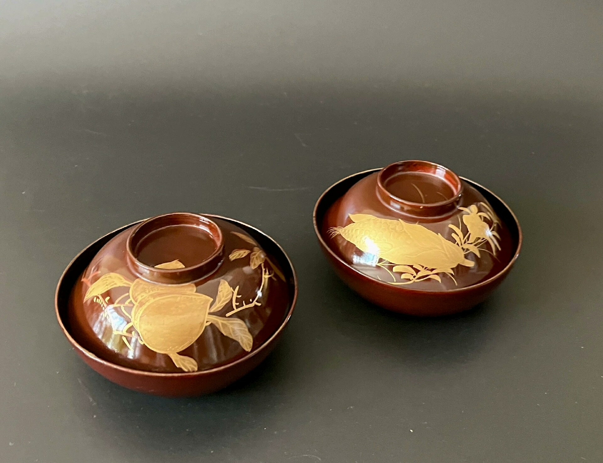 日本明治大正時期老漆器 厚金蒔繪一對蓋碗 內外滿繪色彩繽