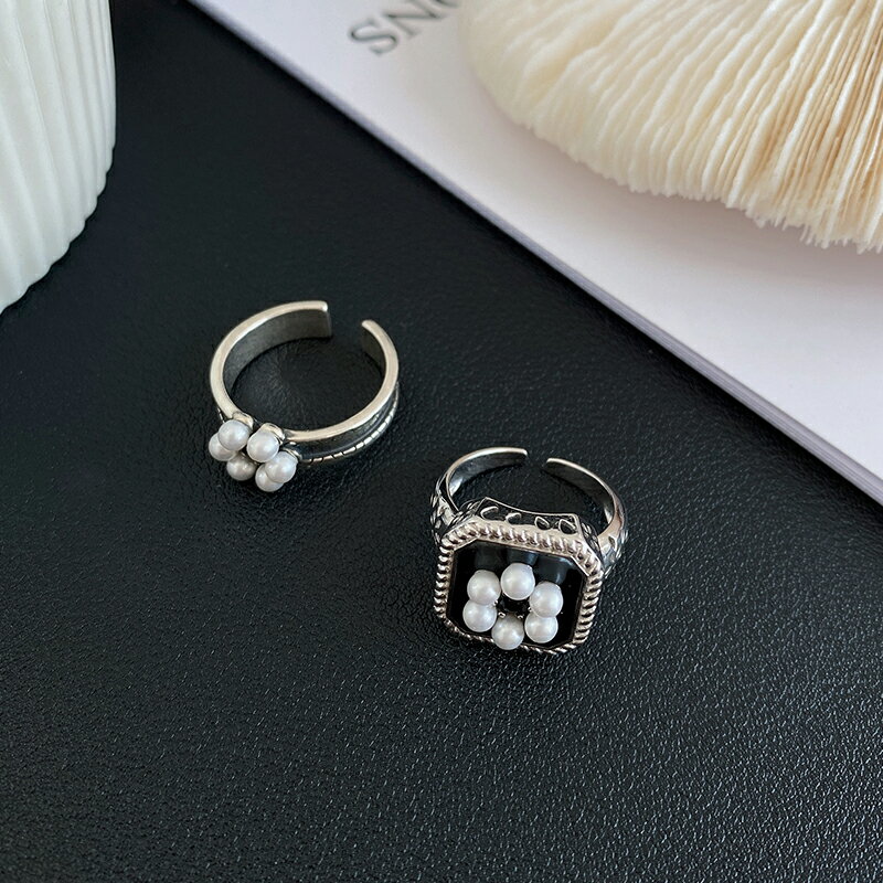 925純銀貝珠方戒指女ins潮小眾設計復古時尚個性食指戒冷淡風指環