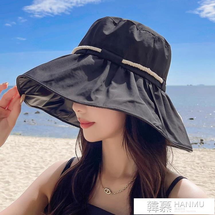 新款黑膠漁夫帽女夏季遮臉大帽檐遮陽帽防曬防紫外線太陽帽子出游 全館免運