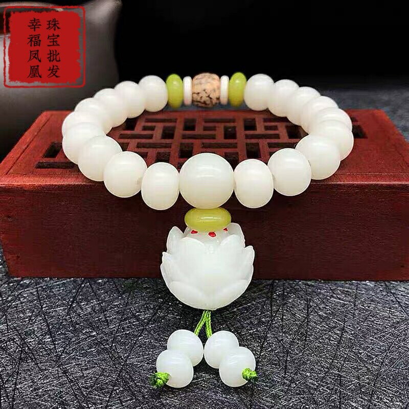 工廠 站天然白玉菩提手鏈單圈綠陰菩提108顆佛珠手串蓮花文玩定製