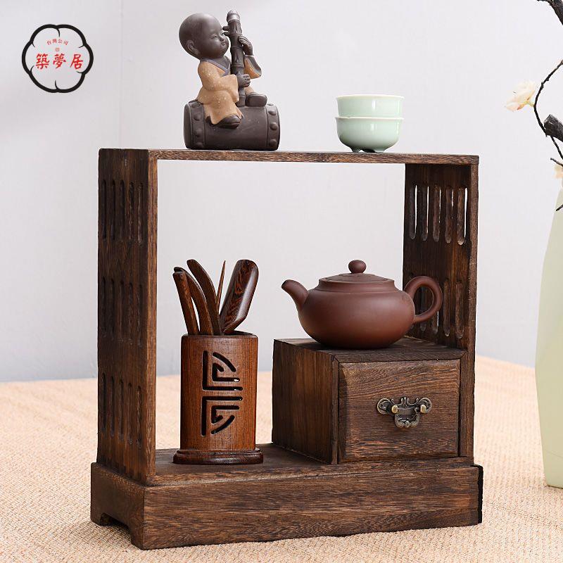 免運 可開發票 茶杯架 博古架 茶具架 茶架 實木桌面茶杯架紫砂壺收納架茶具架抽屜式小博古架擺件置物架茶道全館折扣 特價/店長優選 工廠現貨 m5425