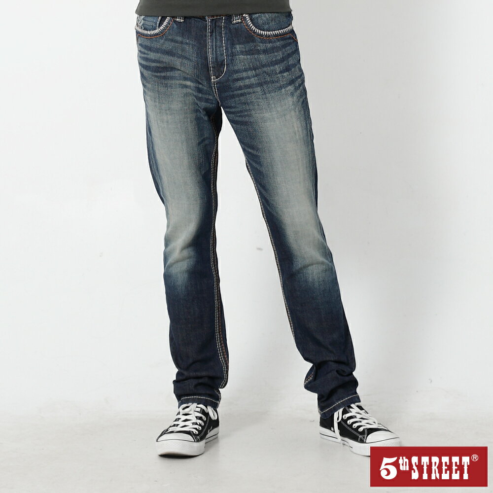 男粗線伸縮褲-酵洗藍