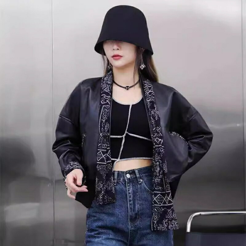 【巴黎精品】皮衣外套真皮夾克-羊皮新款絲巾寬鬆女外套黑色a1iw33