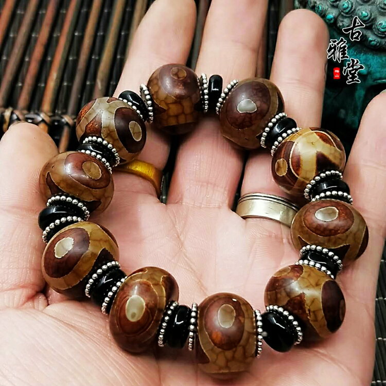 天然西藏真品老礦天珠原石九眼天珠散珠至純瑪瑙原創手鏈1入| 銀