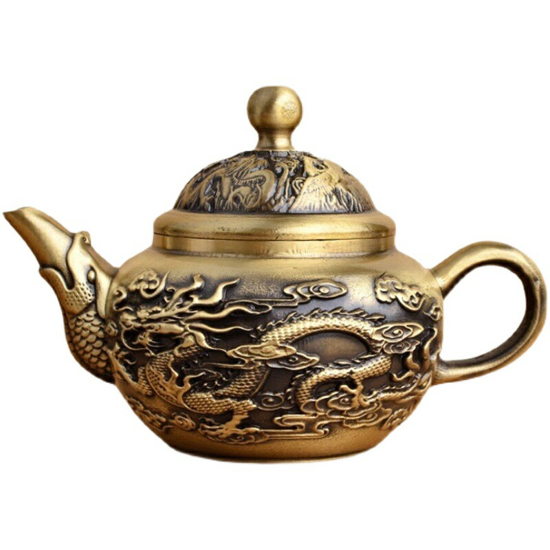 黃銅龍鳳壺水滴壺雙龍壺創意工藝品擺件純黃銅仿古茶壺中式擺件| 協貿