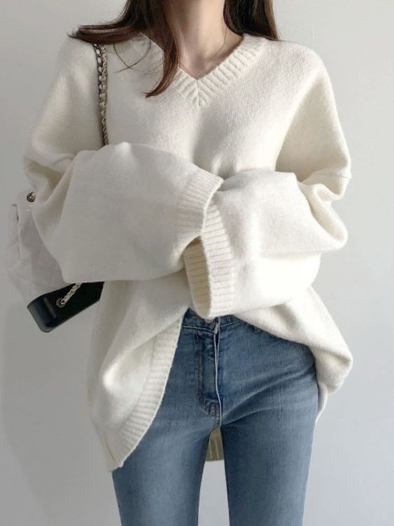 韓國針織衫新款2023爆款秋季氣質潮流女裝寬松V領套頭打底毛衣女