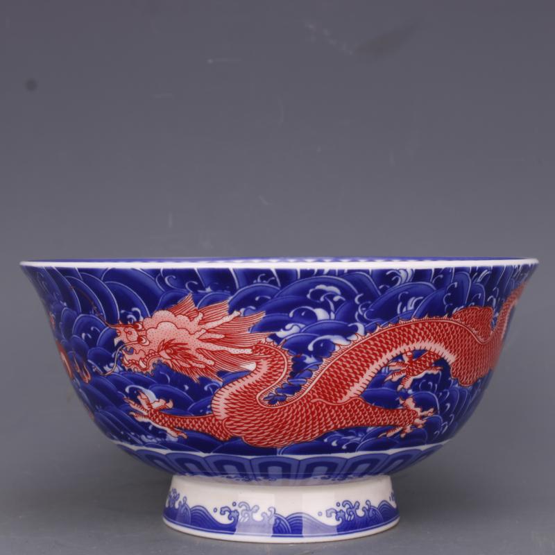 清乾隆青花鬥彩龍紋麵碗6寸仿古工藝瓷器家居餐具擺件古玩老收藏1入