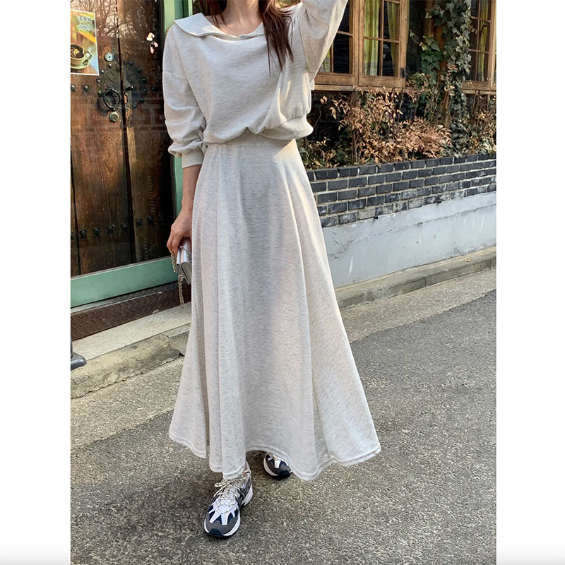 ANNAS 正韓海軍領套裝 棉質長袖長裙 大翻領 海軍領 學院風 顯瘦素面裙子