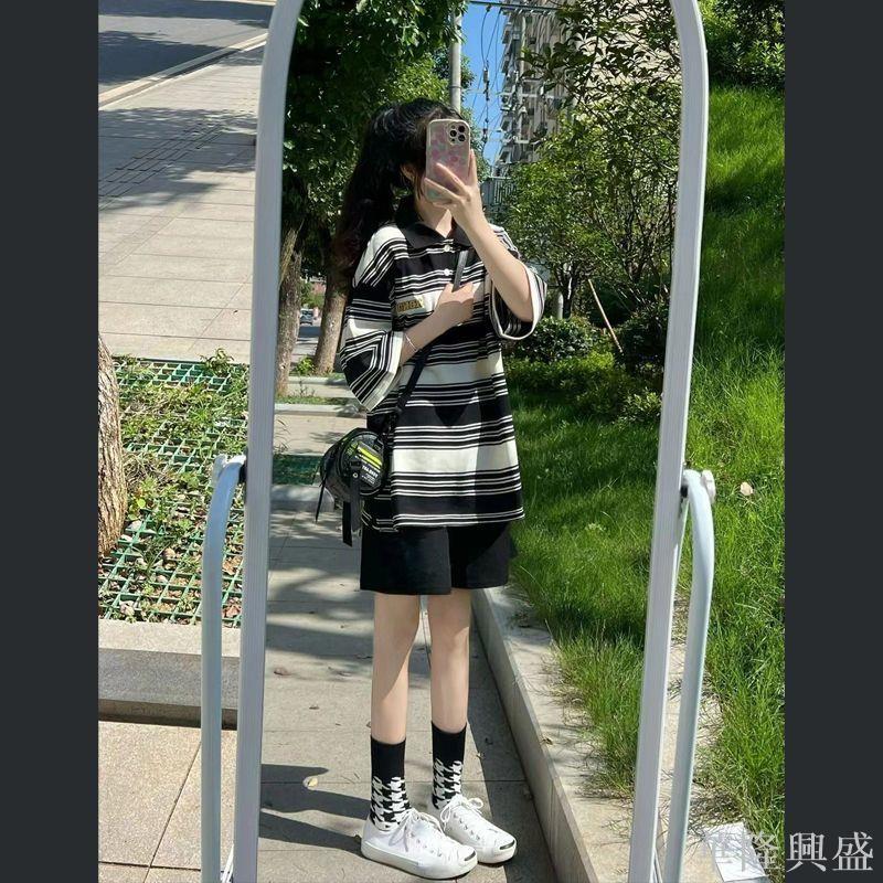夏季套裝女學生寬松可愛條紋POLO衫短袖T恤+休閑闊腿短褲兩件套潮