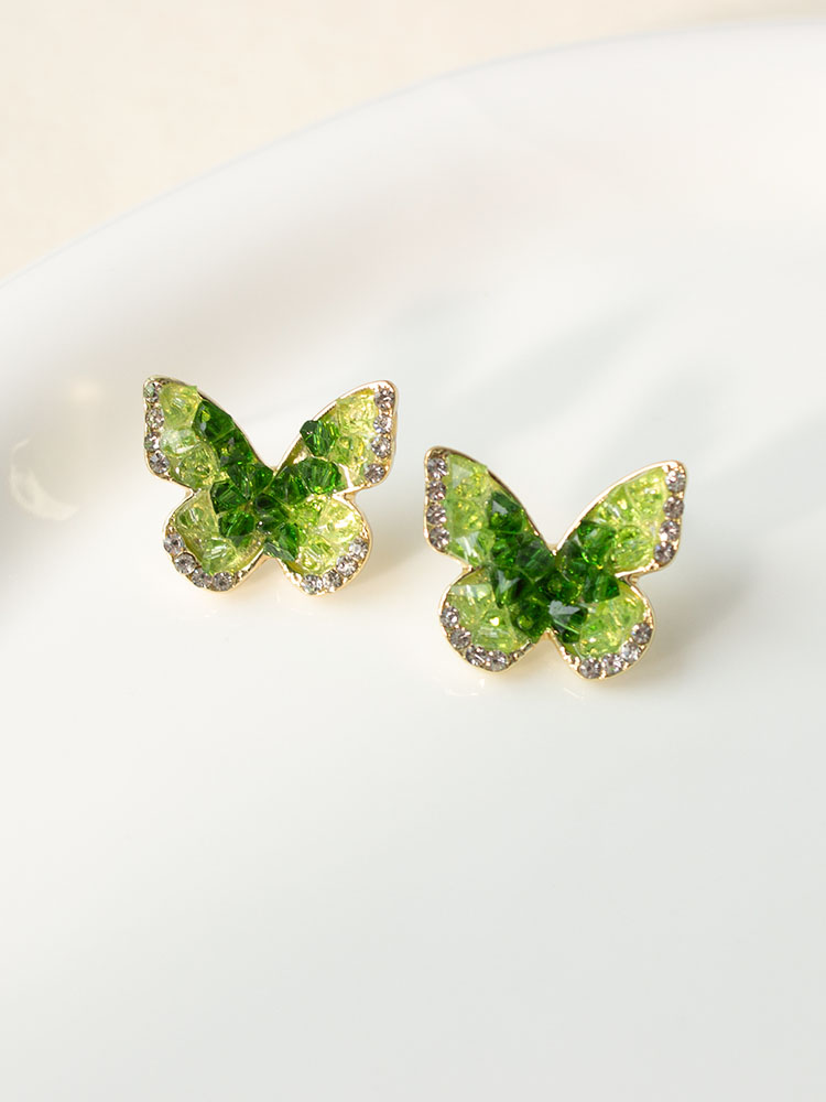 高級感清新漸變綠色水晶蝴蝶耳環小眾設計感無耳洞耳夾輕奢耳飾