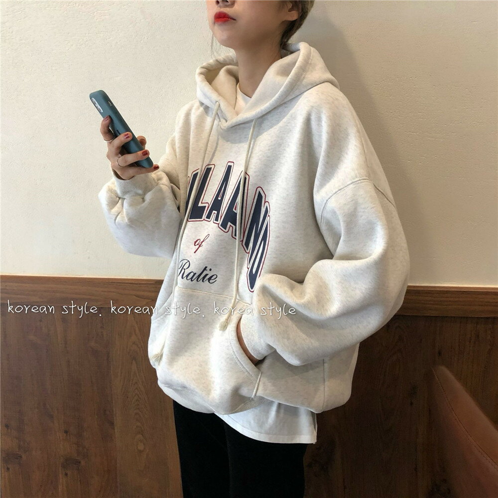 寬松時尚印花加厚連帽衛衣外套中長款套頭上衣女1入