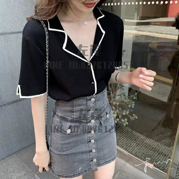 短款上衣小香風夏裝v領冰絲針織衫女薄款短袖t恤小心機上衣設計感小眾【雲木雜貨】