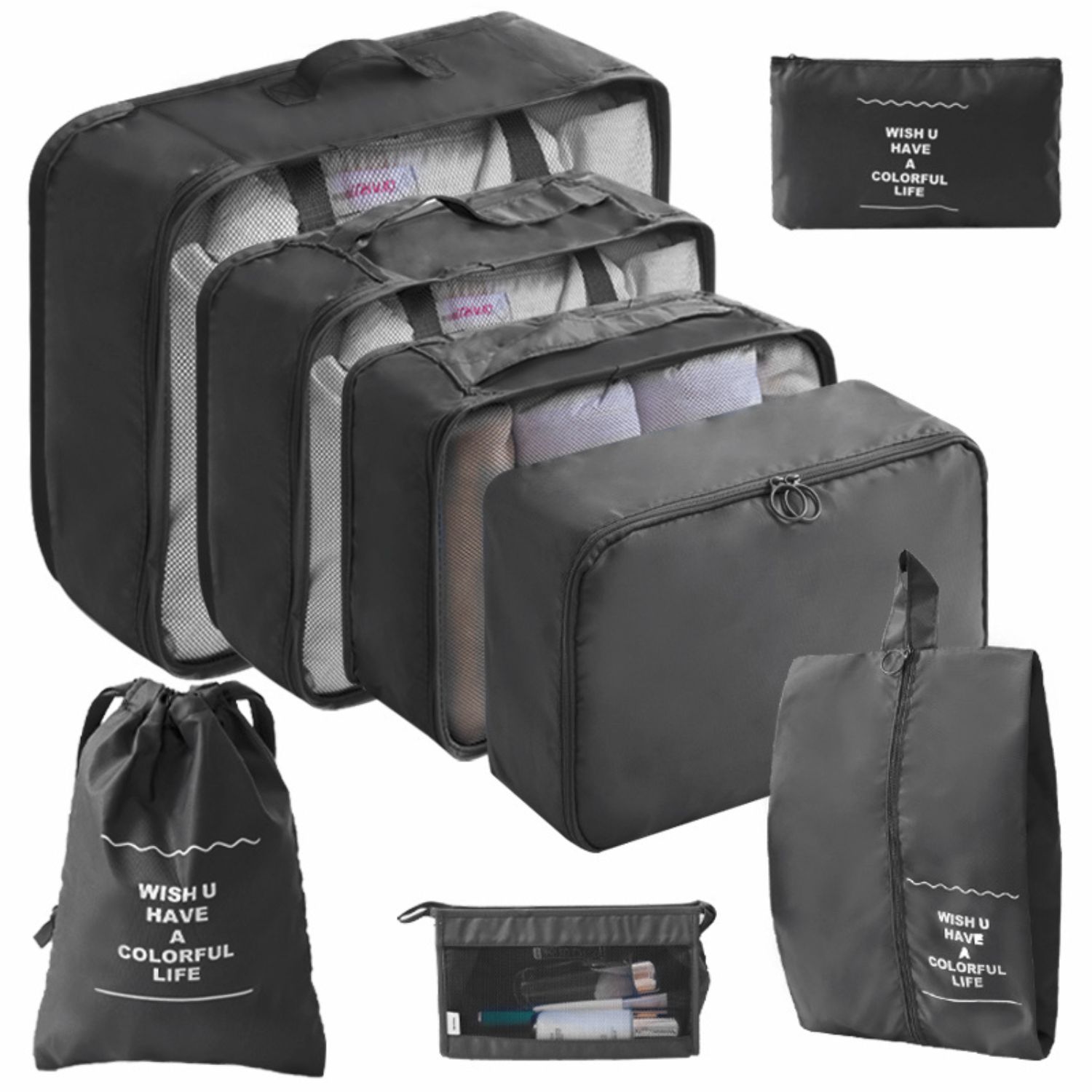 [3大陸直購] 行李箱用 旅行袋 8件組 黑色 旅行包 壓縮袋 收納包 束口袋 收納袋 分裝袋 鞋袋 飛機包 盥洗包 YTYTD2-8BK_LL2