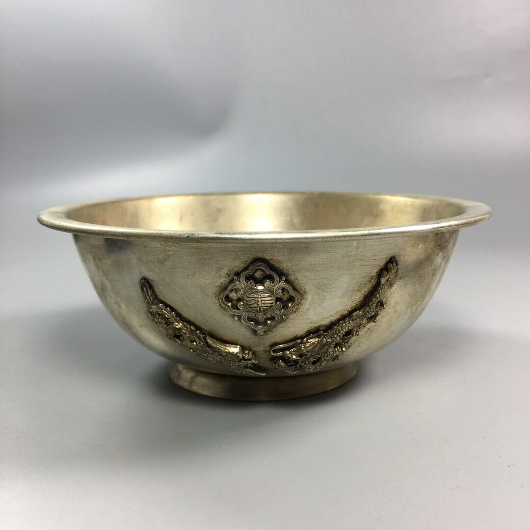 古玩雜項仿古白銅古董收藏精品銅器龍鳳呈祥碗裝飾擺件收藏品