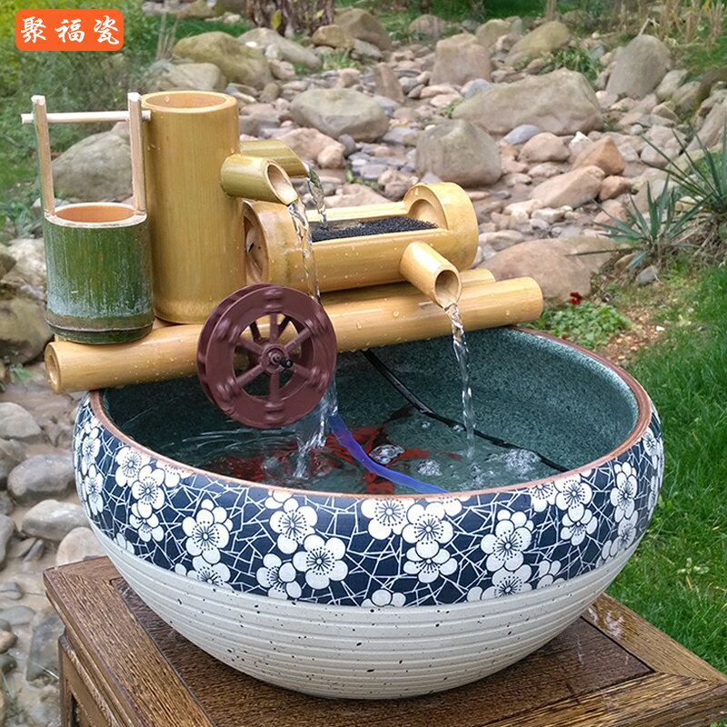 景德鎮陶瓷魚缸流水器加濕過濾養魚盆循環水裝飾客廳家居擺件