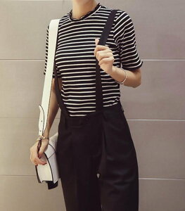 FINDSENSE MD 韓國時尚 女 顯瘦 條紋 圓領荷葉邊設計 短袖T恤 學生短T 圓領T恤