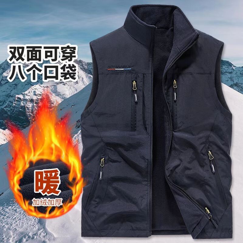 冬季刷毛馬甲 多口袋工裝馬甲 內刷毛背心外套 大尺碼工裝馬甲外套 保暖無袖坎肩外套 保暖禦寒工作背心 羊羔絨雙麵穿男馬甲