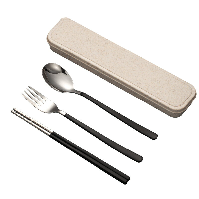 304不銹鋼筷子勺子叉子長柄創意餐具盒三件套套裝學生便攜式單人
