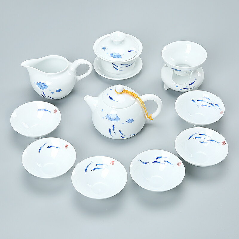 傳藝窯手繪荷花鯉魚功夫茶具套裝 家用陶瓷茶壺茶杯蓋碗套組