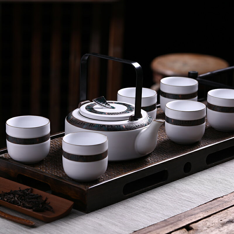 汝窯雅致提梁壺茶具套裝景德鎮陶瓷家用中式古典泡茶壺茶杯禮品盒