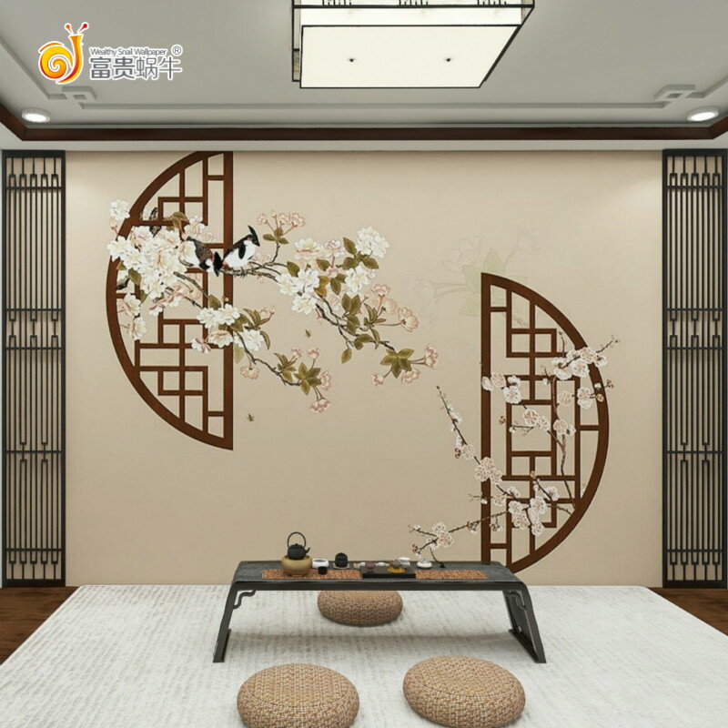 新中式花鳥墻紙電視背景墻壁紙古典梅花客廳臥室屏風造型無縫墻布