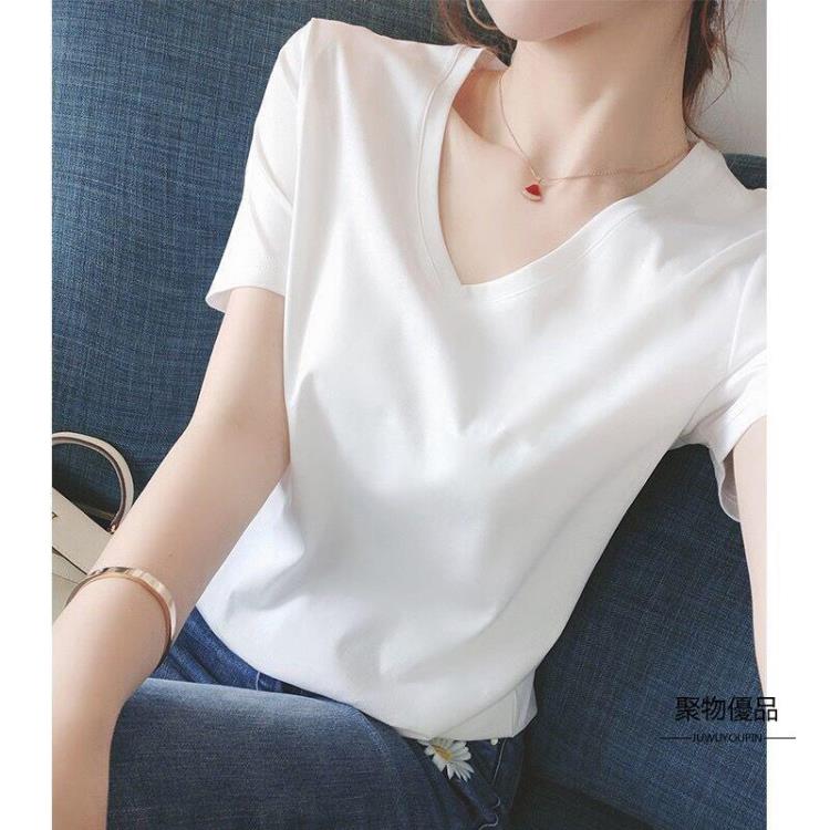 V領短袖T恤女夏季寬鬆修身打底衫設計感顯瘦女士上衣【聚物優品】