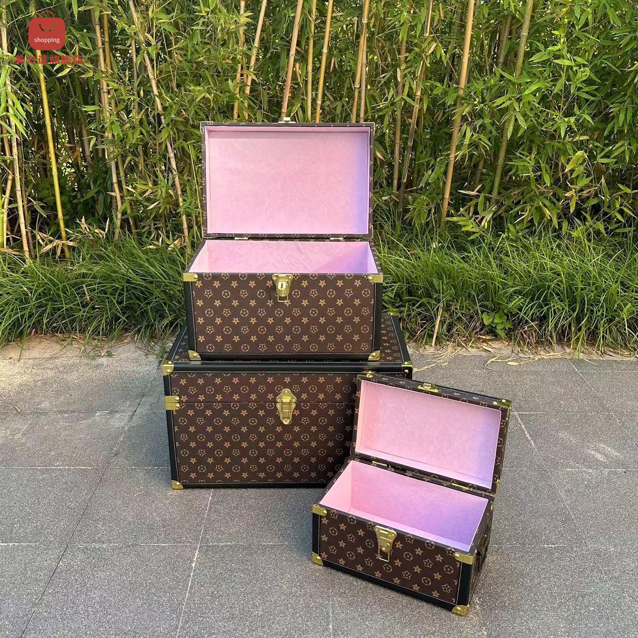 老花皮箱 皮箱 百寶箱 道具箱 整理箱 復古風收納箱衣物整理箱百寶箱櫥窗擺設道具箱帶鎖木箱子 八折減免 特價出 可開發票