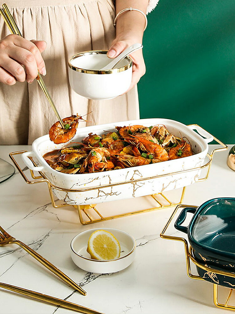 北歐長方形雙耳陶瓷鍋家用餐具輕火加熱酒店干湯鍋創意鍋架帶燭托