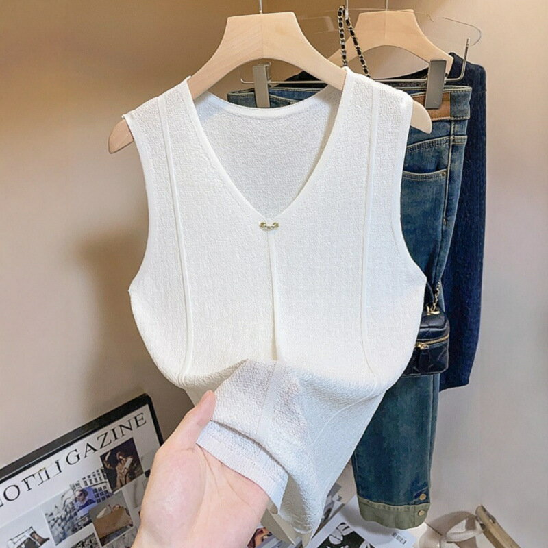 現貨+預購 針織背心無袖T恤-冰絲V領內搭純色女上衣2色74kx43【獨家進口】【米蘭精品】