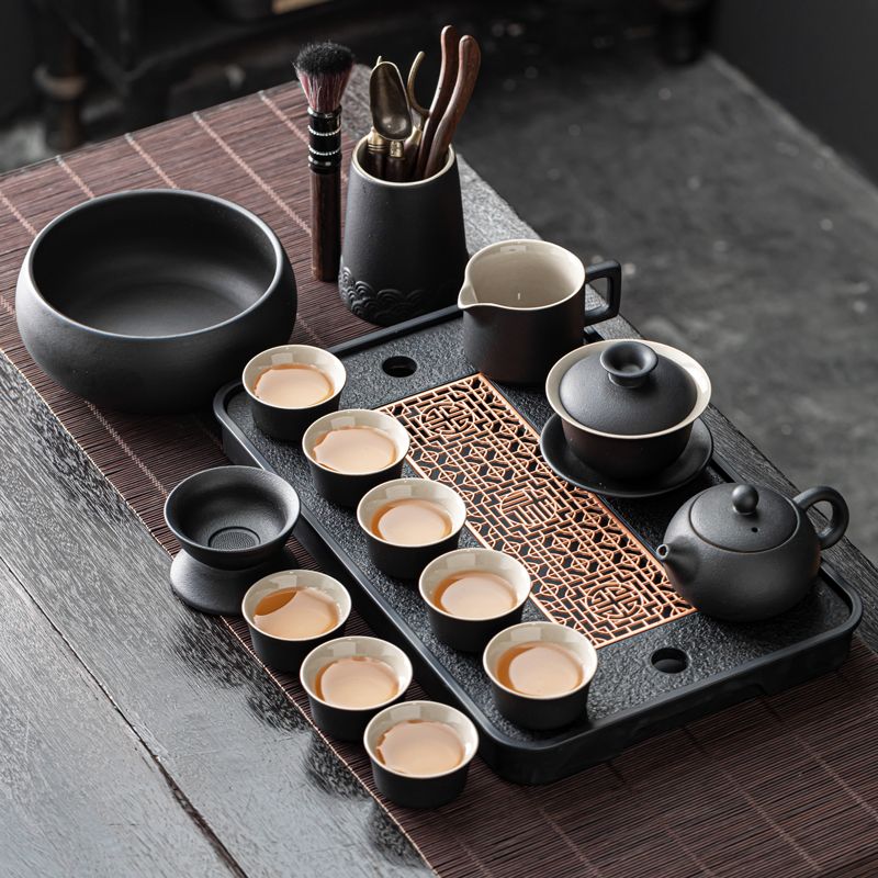 黑陶日式功夫茶具套裝家用茶杯陶瓷現代簡約辦公室會客茶具干泡盤