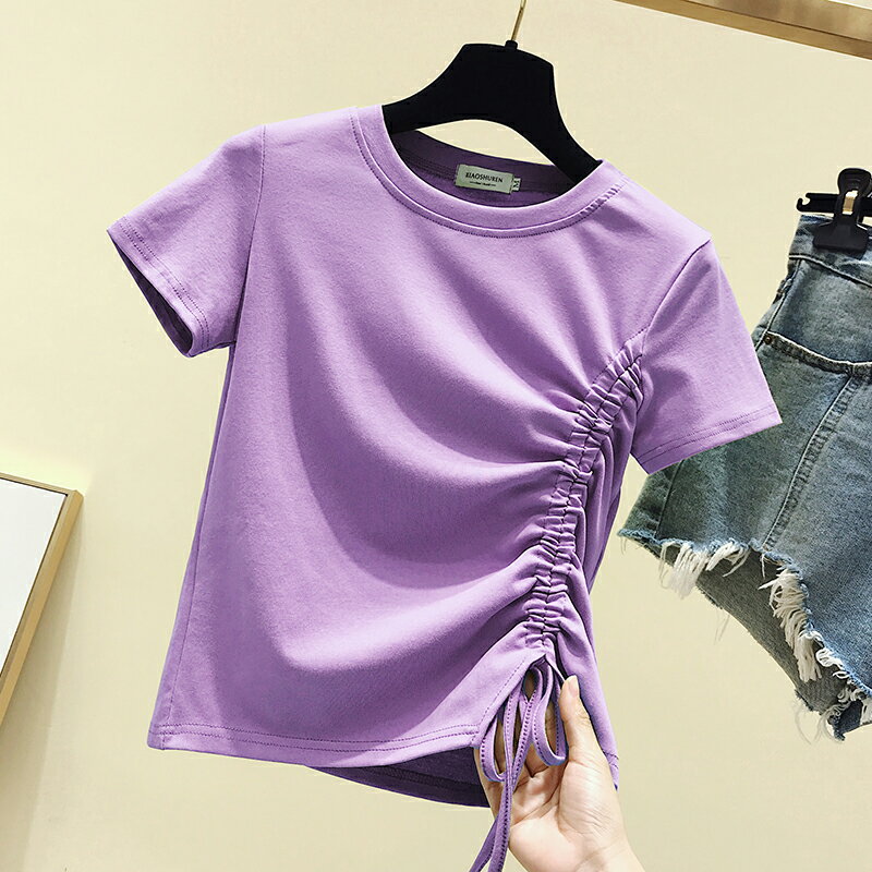 紫色短袖女T恤夏裝新款韓版修身抽繩半袖短款上衣網紅ins潮