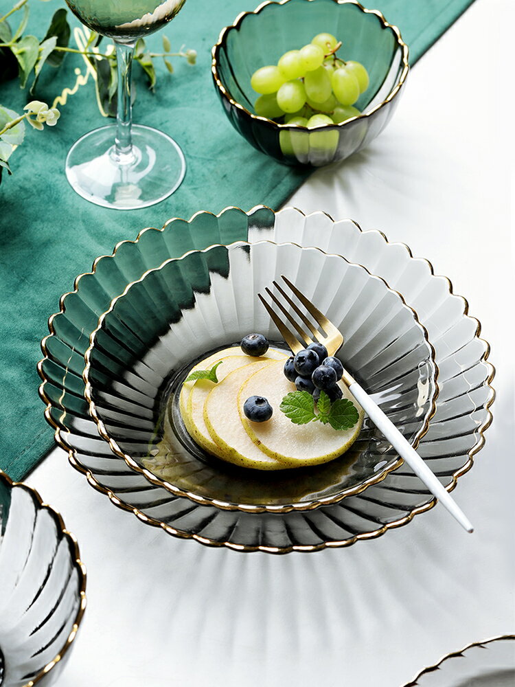 北歐透明玻璃碗盤家用創意簡約吃飯碗單個大號沙拉盤點心甜品盤子
