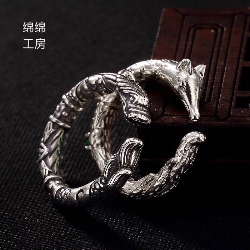 S925純銀三生三世十里桃花黑龍白狐貍鑲嵌情侶戒指指環