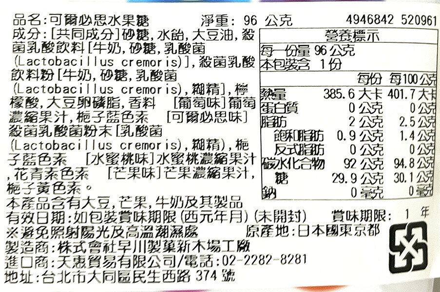 (特價)【江戶物語】朝日 ASAHI CALPIS 可爾必思水果糖 96g 綜合水果糖 乳酸糖果 期間限定 喜糖 日本進口 8