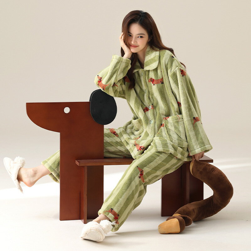 【巴黎精品】睡衣套裝長袖居家服-加絨臘腸狗直條紋情侶男女休閒服2款w1ad76