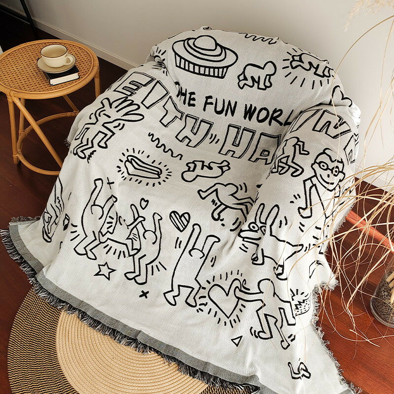 跨境美式涂鴉大師沙發巾蓋布棉紗流蘇線毯午睡蓋毯一片式沙發套罩