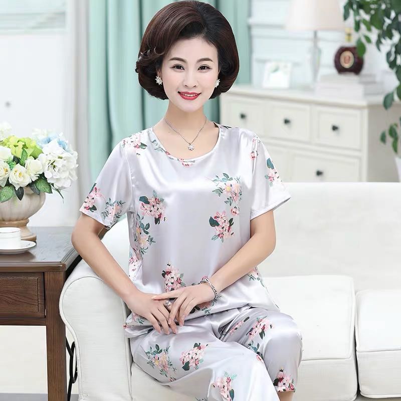 中老年睡衣女夏短袖冰絲薄款模擬絲綢中年媽媽大碼家居服時尚簡約