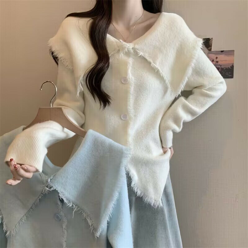 FUXI 溫柔風軟糯毛衣女 一字領上衣 流蘇毛衣 寬鬆針織上衣 時尚修身顯瘦上衣 V領針織衫 開叉針織開衫 女裝 衣服