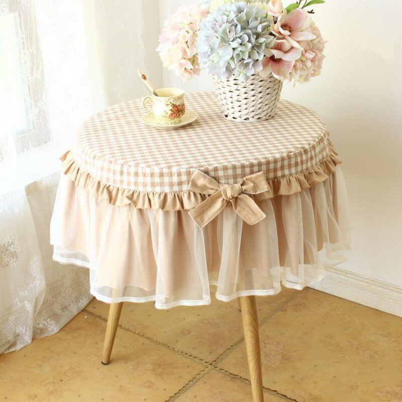 圓桌桌布水洗棉藍色格子小圓圓形家用布茶幾蕾絲圓床頭柜罩獨立站