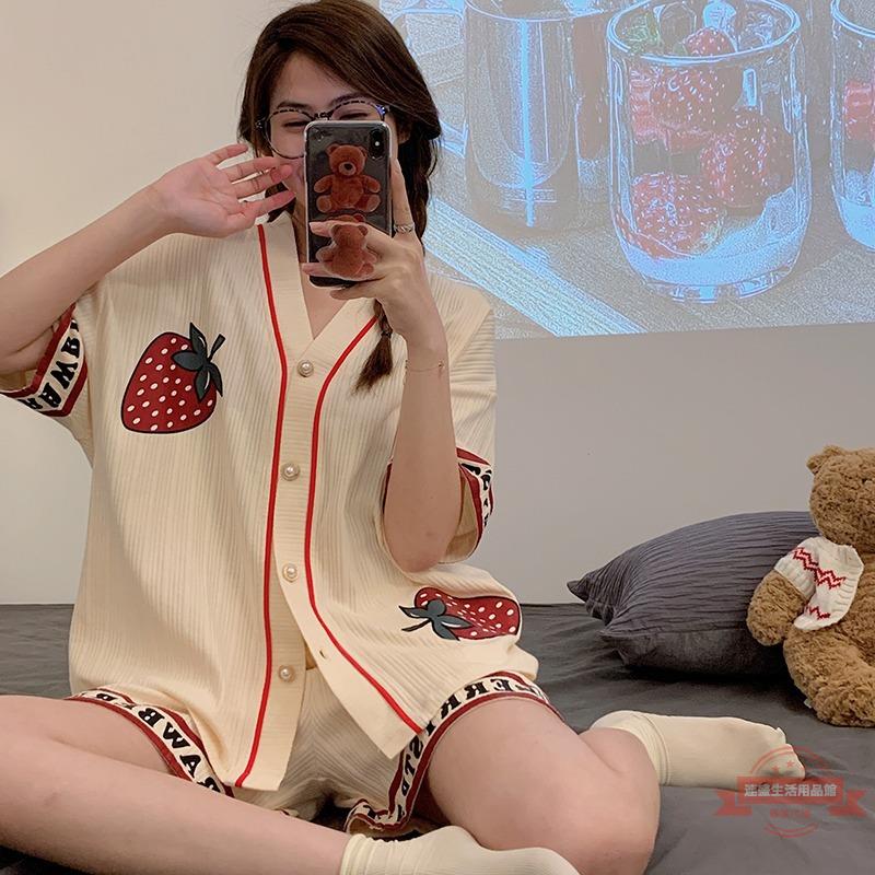 夏季純棉睡衣女短袖韓國ins風可愛甜美開衫兩件套裝慵懶風家居服