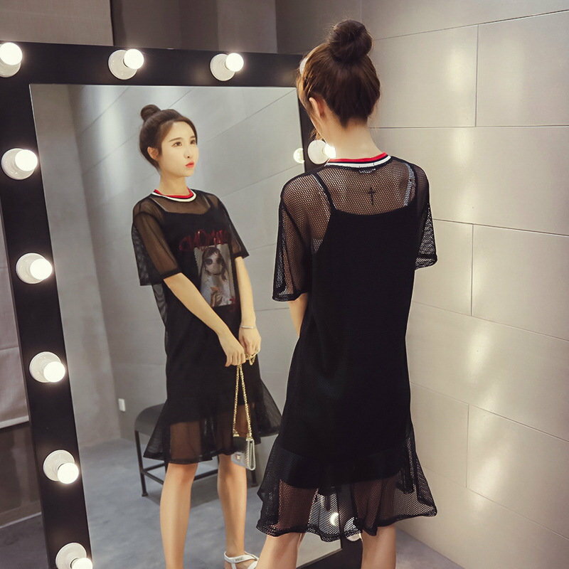 FINDSENSE G5 韓國時尚 中長款 印花 吊帶 背心 兩件套 鏤空 短袖 連身裙