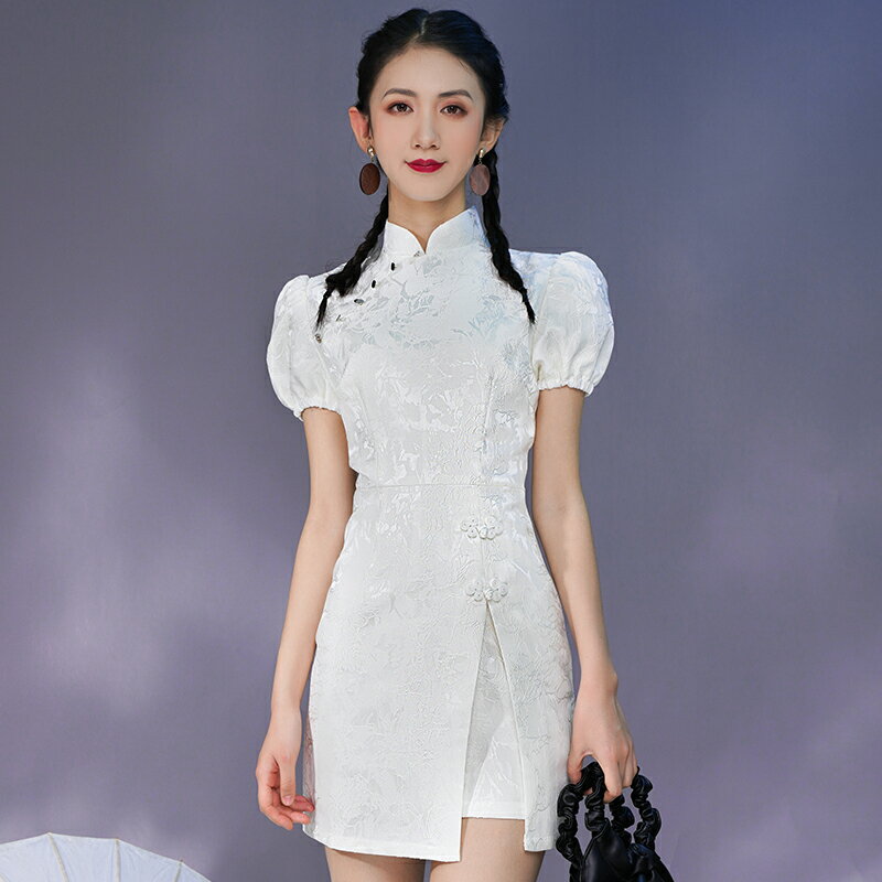 中國風女裝白色提花唐裝漢服改良旗袍茶服禮服女夏上衣復古連衣裙