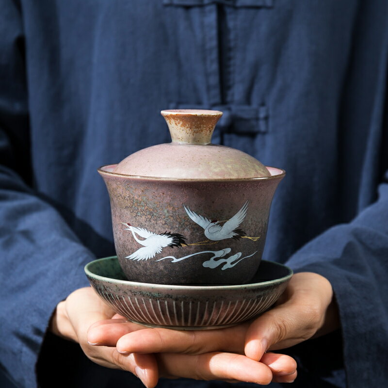 復古粗陶蓋碗大號三才茶碗茶杯茶托泡茶日式功夫茶具套裝青瓷茶器