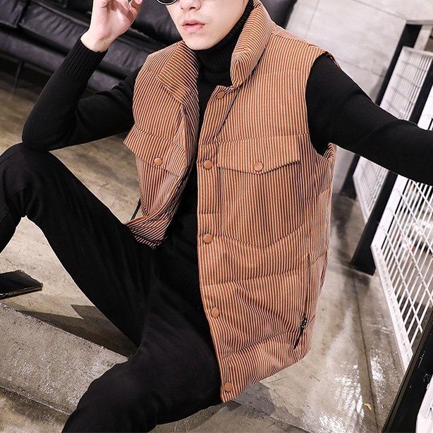 FINDSENSE品牌 秋冬季 新款 韓國 嘻哈條紋 個性立領 運動 加厚 寬鬆顯瘦 馬甲外套 時尚 潮流上衣