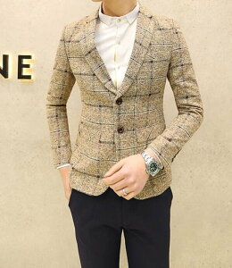 FINDSENSE品牌 韓國男 米色大格子 小西裝 修身西裝 西裝外套 單件外套