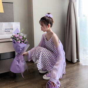 新款夏季洋氣職業套裝裙子女小個子吊帶裙紫色法式復古兩件套