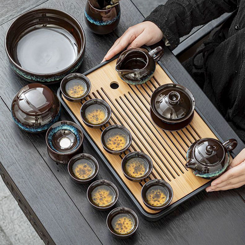 [臺灣公司貨 可開發票]創意窯變懶人防燙自動功夫茶具套裝家用陶瓷石磨泡茶神器茶盤全套