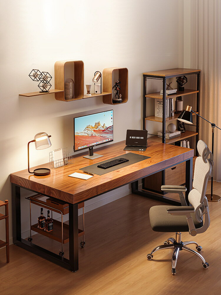 實木電腦桌臺式雙人書桌臥室家用簡約現代辦公北歐loft桌子工作臺