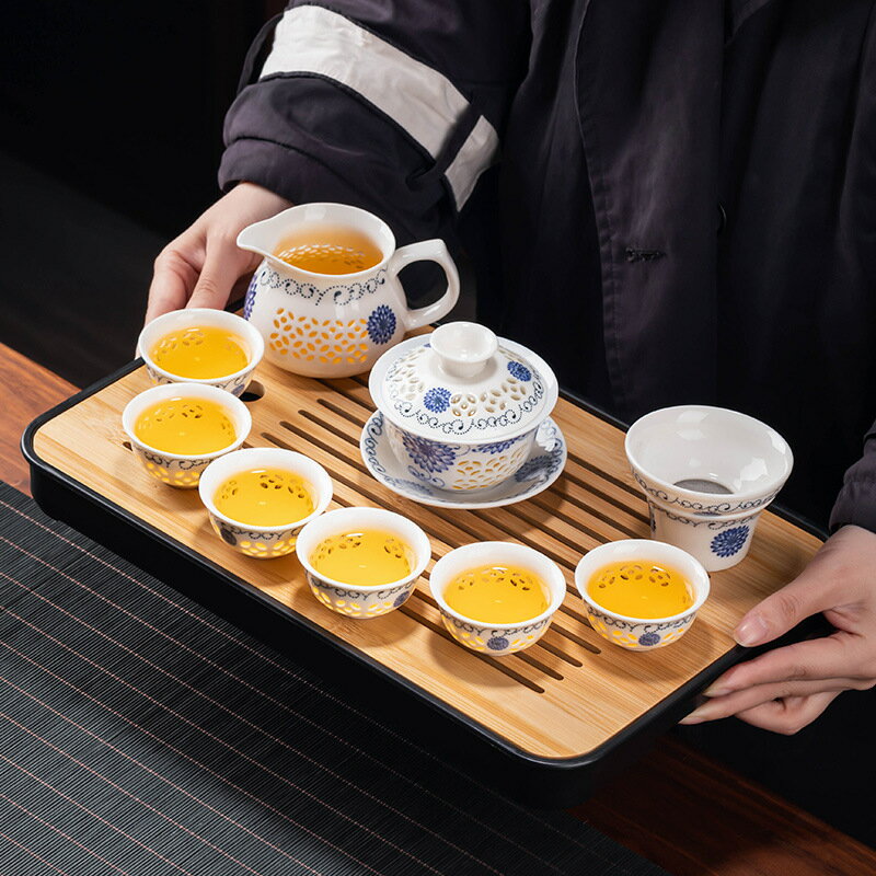 免運 茶具套裝組合 玲瓏鏤空蜂窩茶具套裝家用客廳陶瓷蓋碗茶壺泡茶用品功夫茶杯組合